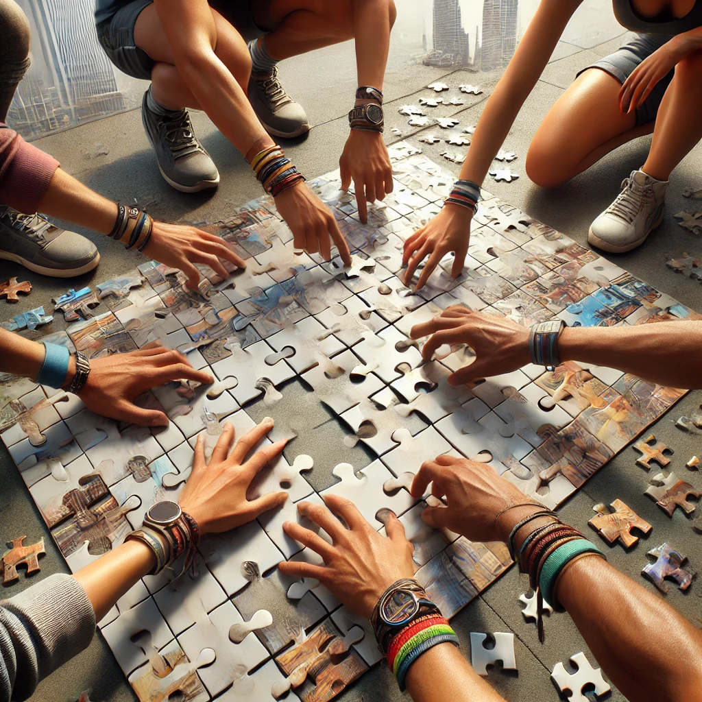 DALL·E 2025-03-03 21.19.36 - A highly realistic image of four hands working together to assemble a large puzzle on the ground in an urban setting. The hands belong to four diverse